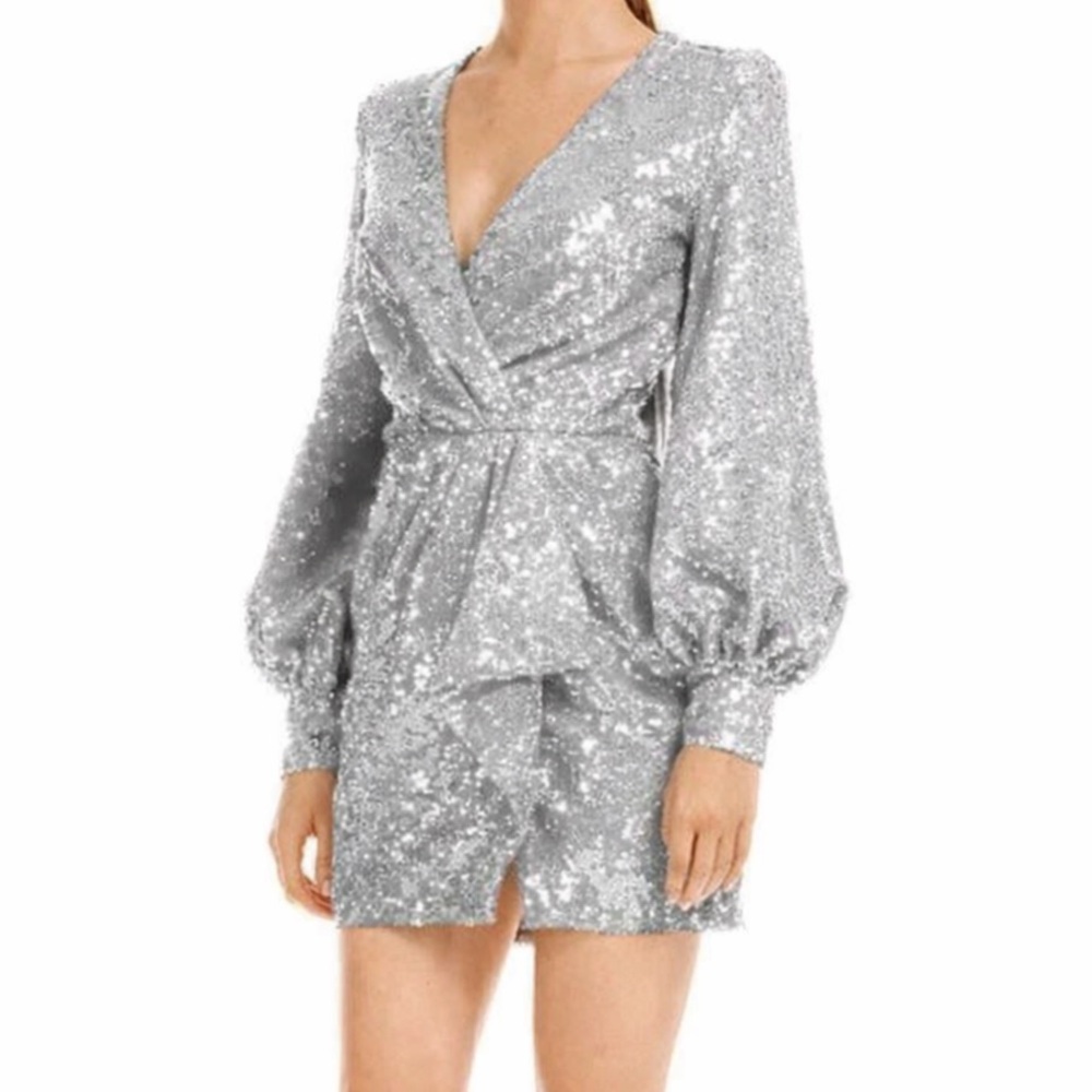 AMEN couture paillettes sequin beaded silver long sleeve mini dress NWT H